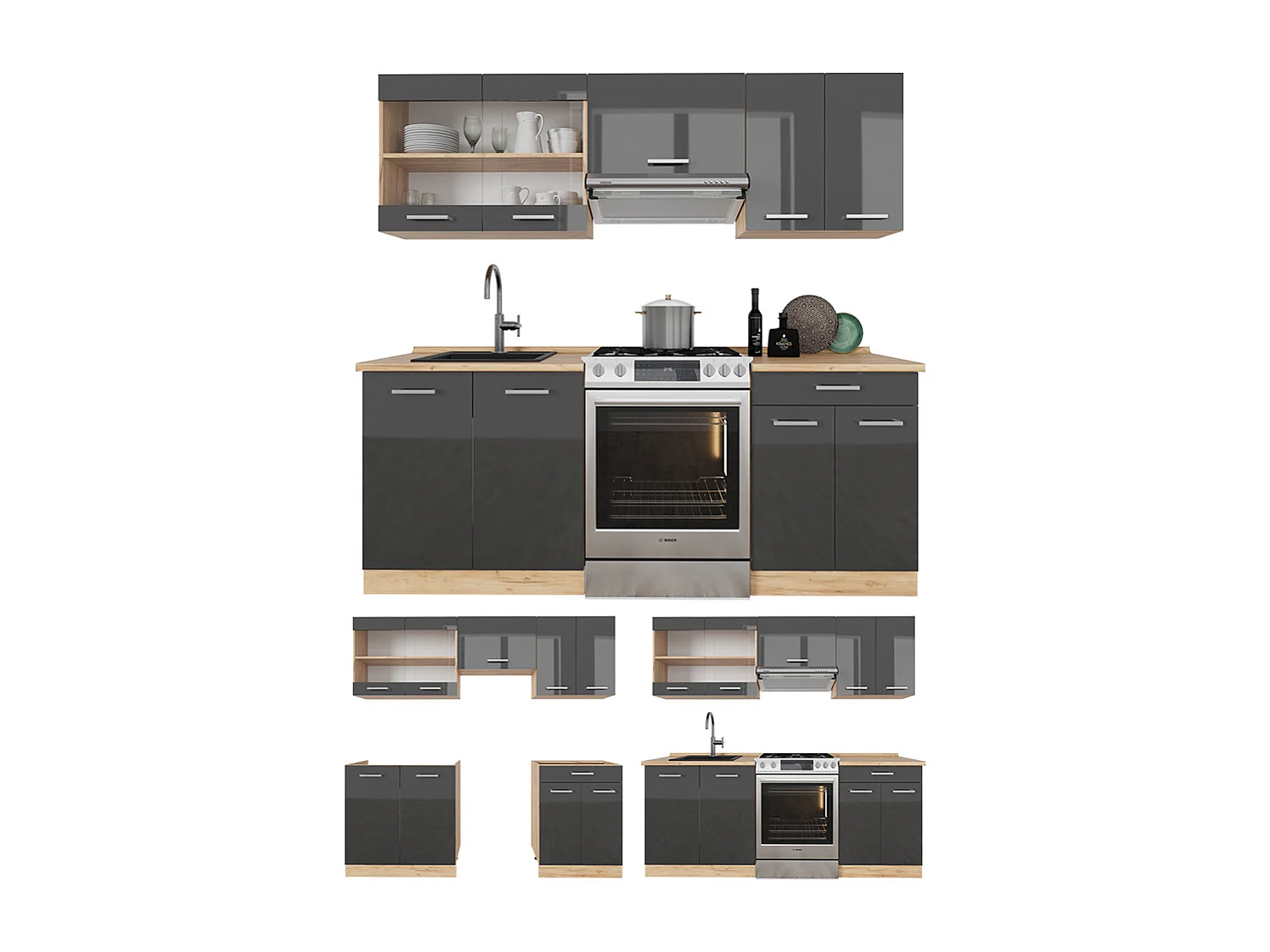 Cuisine anthracite brillant/chêne doré 200x60x81.6 r-line