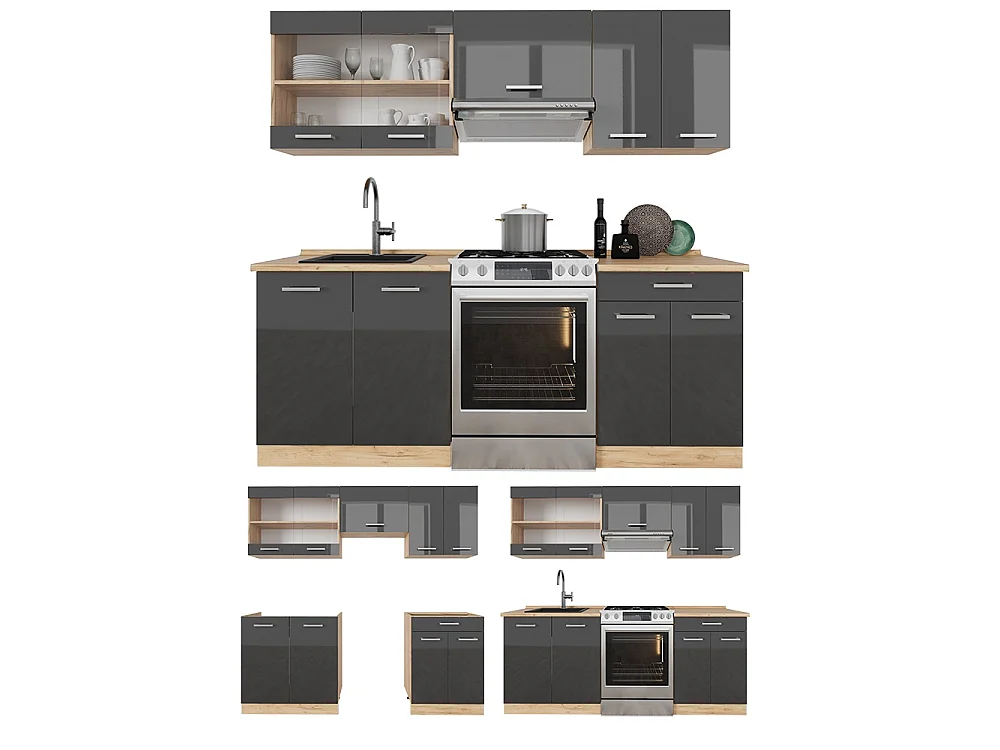 Cuisine anthracite brillant/chêne doré 200x60x81.6 r-line