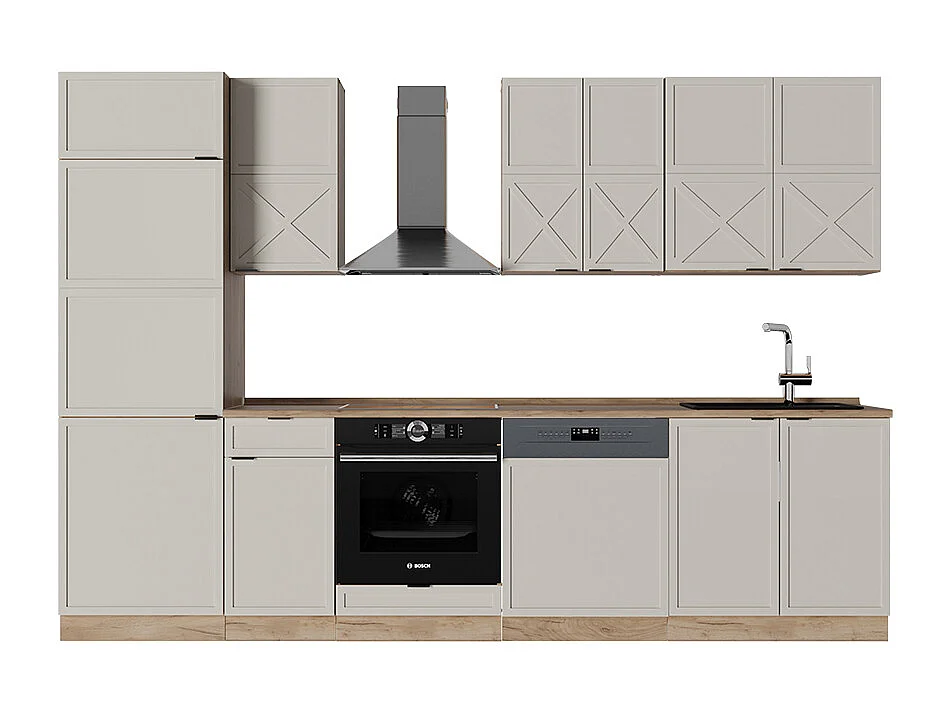Køkkenrække grå/beige/gylden eg 300x60x81.6 fame-line