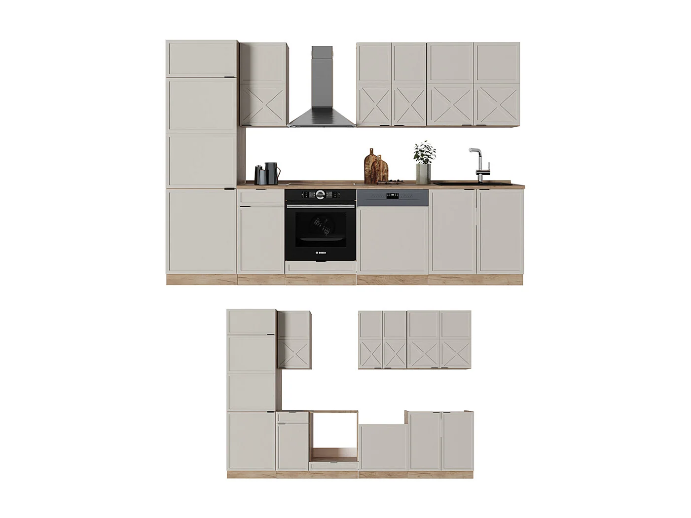 Køkkenrække grå/beige/gylden eg 300x60x81.6 fame-line