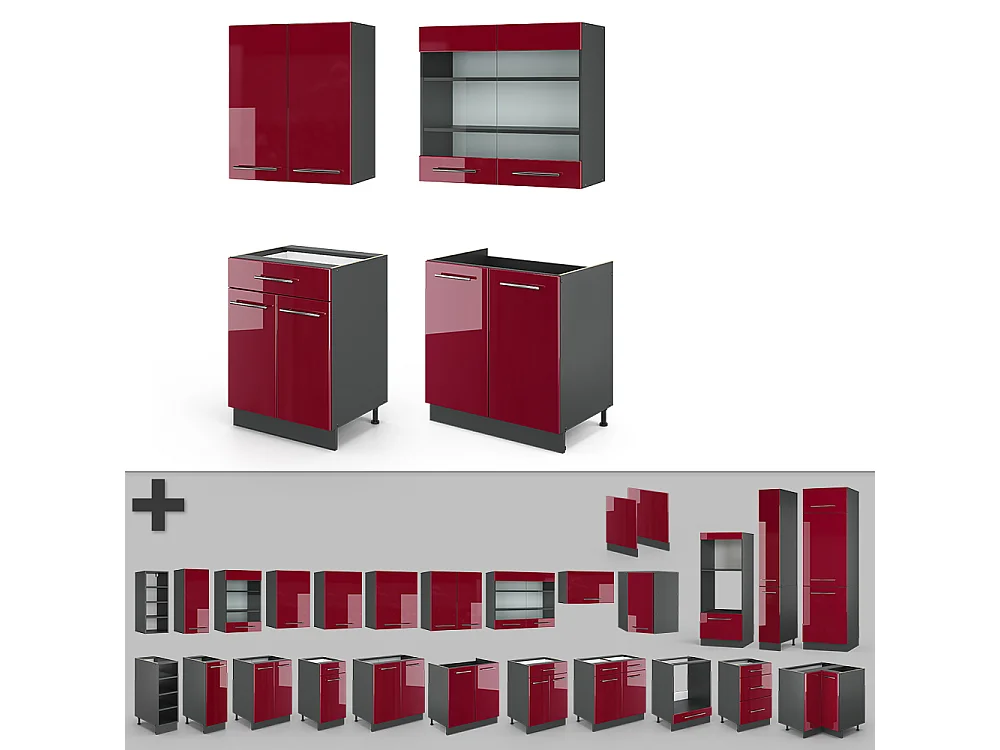 Cocina para solteros burdeos brillo intenso/antracita 140x60x81.6 fame-line