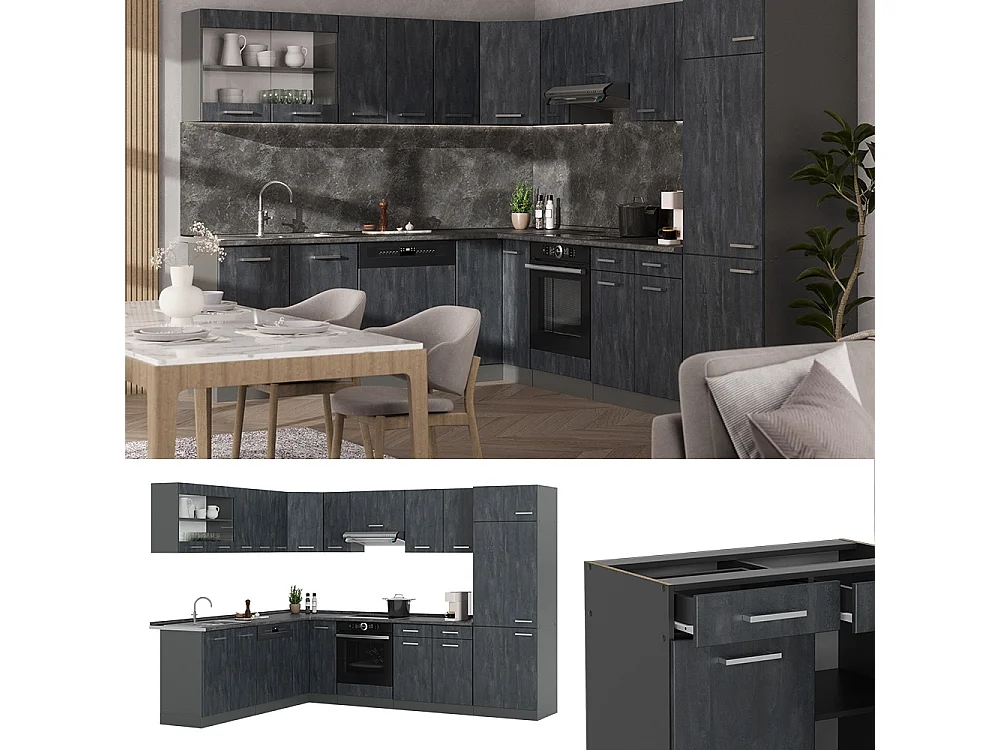 Cuisine en angle béton noir/anthracite 287x46x81.6 r-line