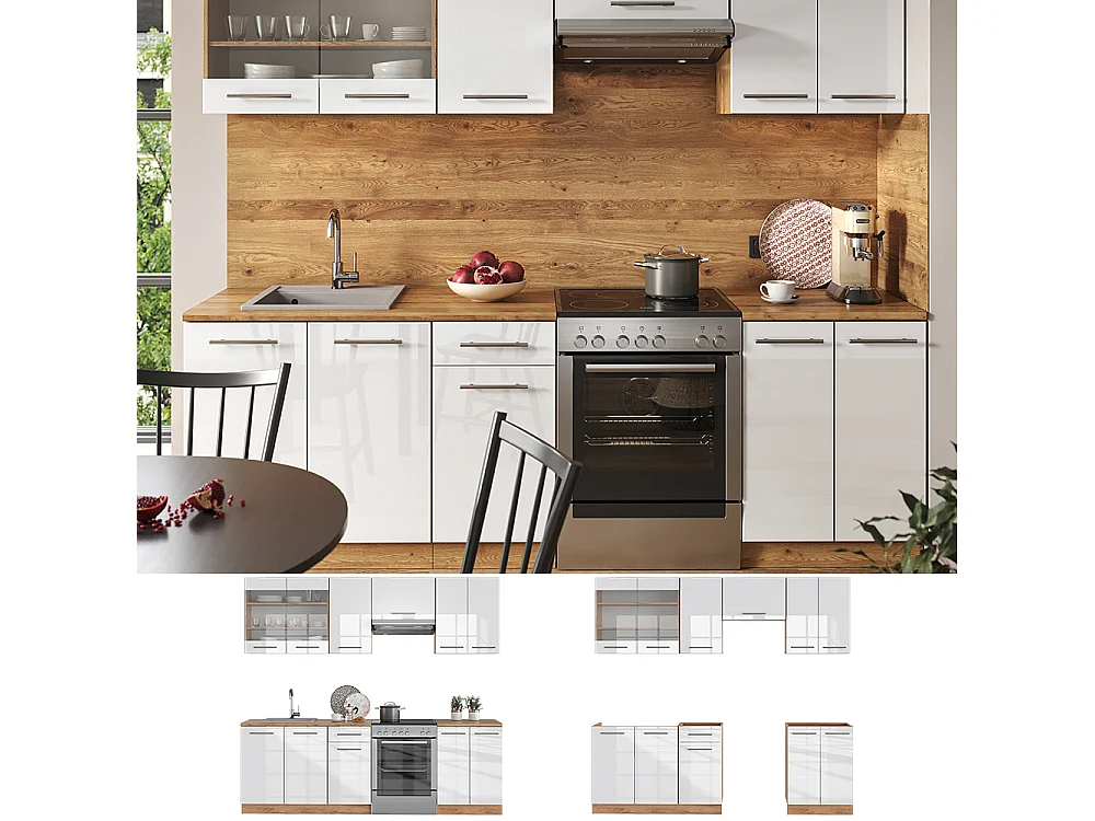 Cucina componibile bianco lucido/oro power oak 240x60x81.6 fame-line