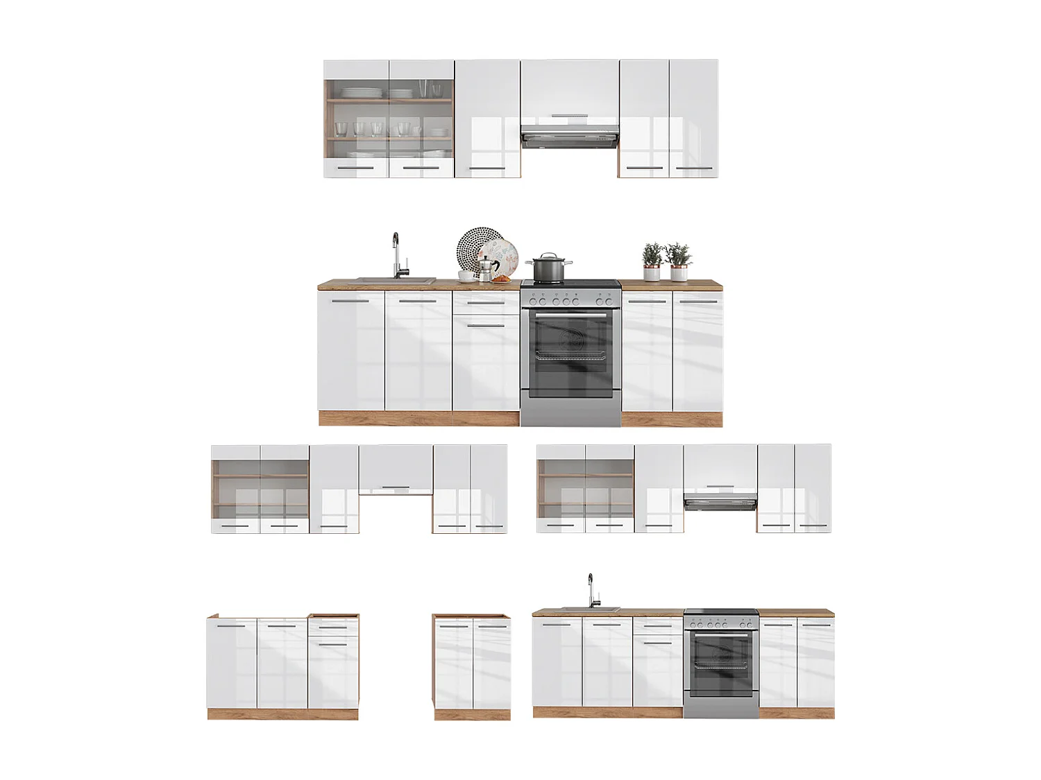 Cucina componibile bianco lucido/oro power oak 240x60x81.6 fame-line