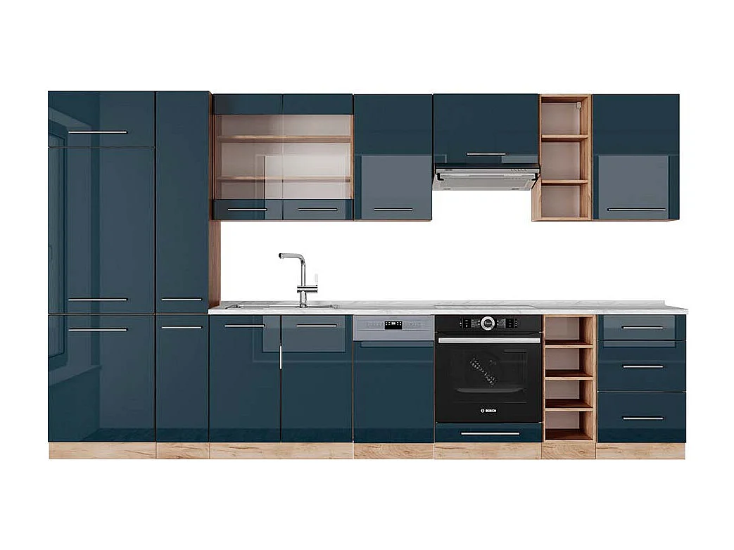 Mueble de cocina azul oscuro alto brillo/roble dorado 355x60x81.6 fame-line