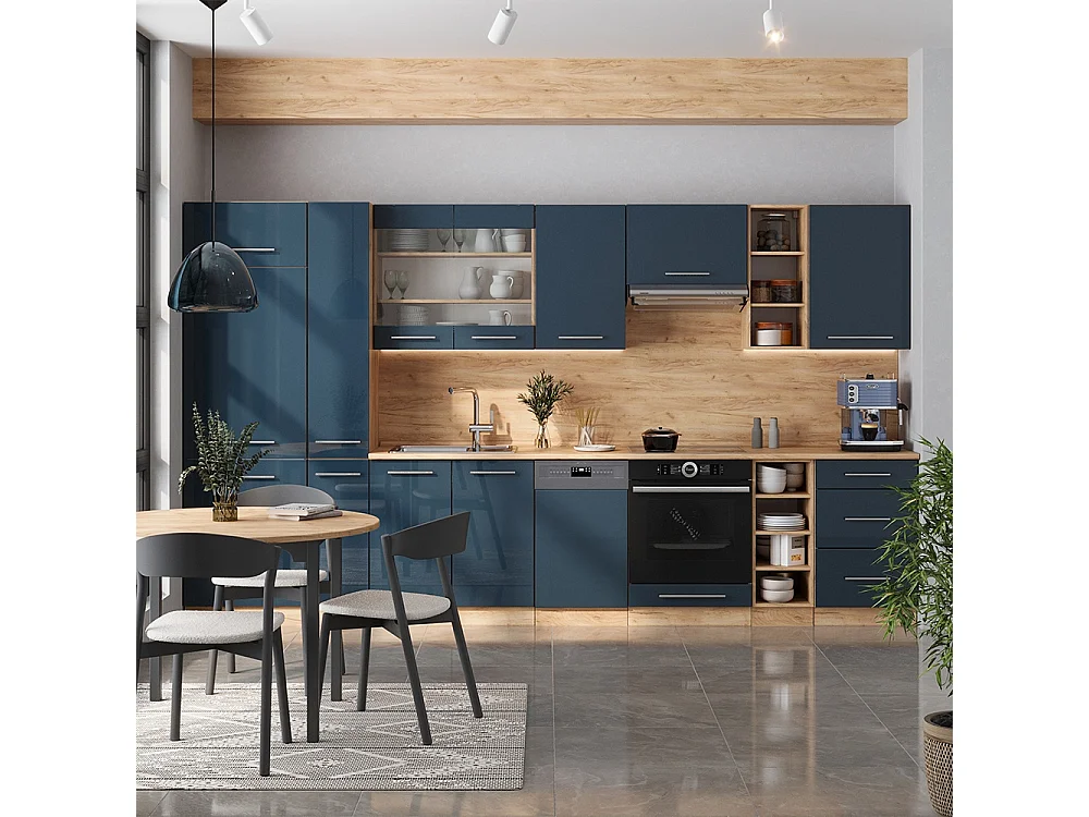 Cuisine bleu foncé brillant/chêne doré 355x60x81.6 fame-line