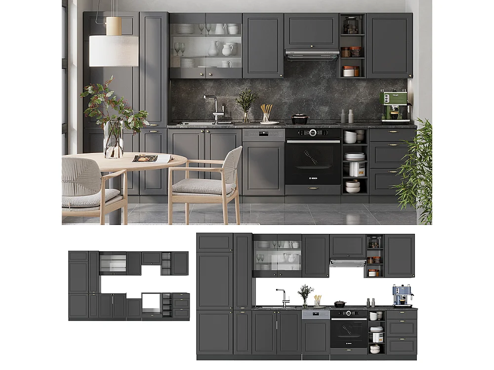 Complete keukeneenheid anthrazit-gold landhaus 355x60x81.6 fame-line