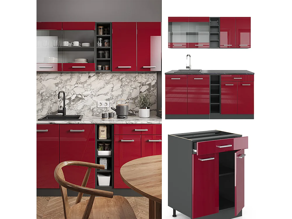 Eenpersoonskeuken rood hoogglans/antraciet 160x60x81.6 r-line