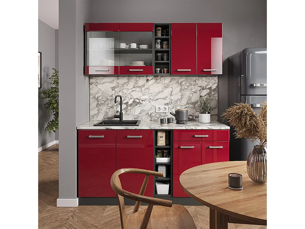 Eenpersoonskeuken rood hoogglans/antraciet 160x60x81.6 r-line