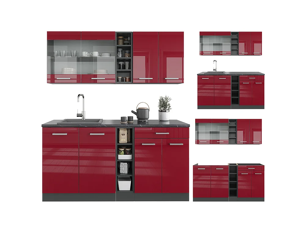 Eenpersoonskeuken rood hoogglans/antraciet 160x60x81.6 r-line