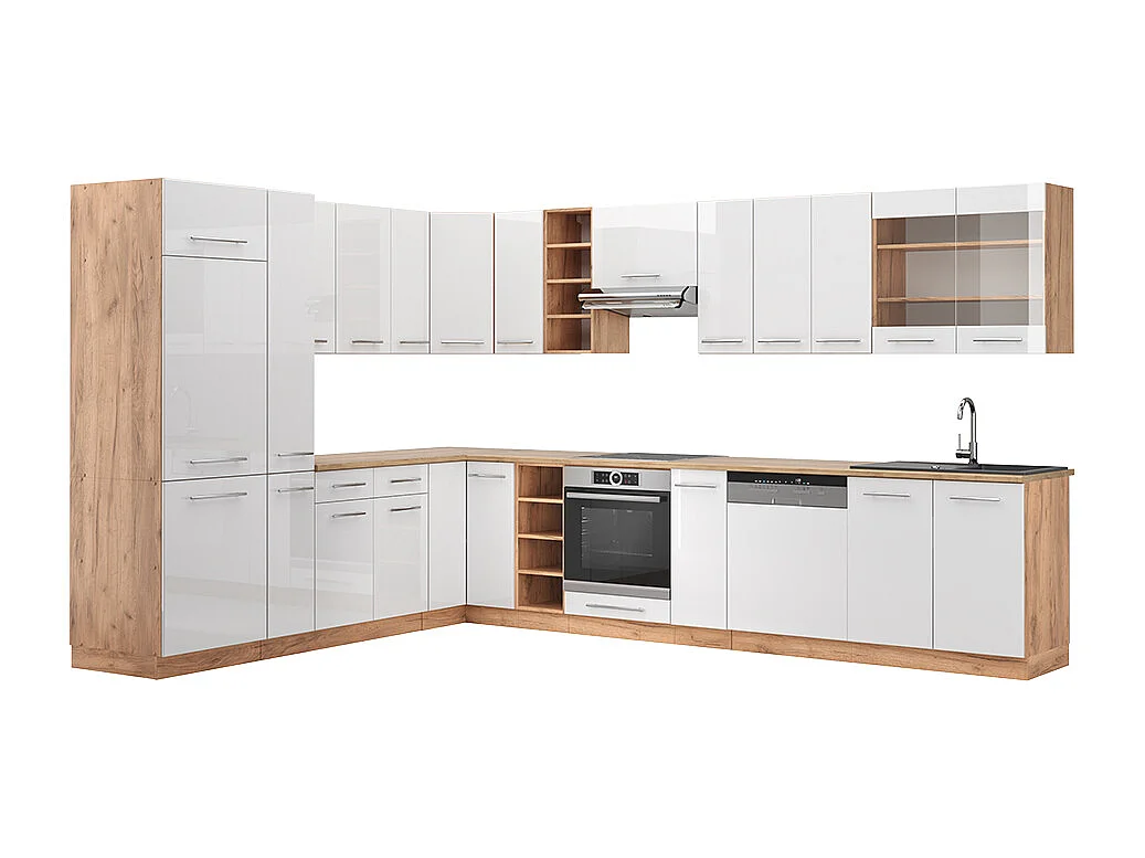Cocina esquinera blanco brillo intenso/roble dorado 347x60x81.6 fame-line