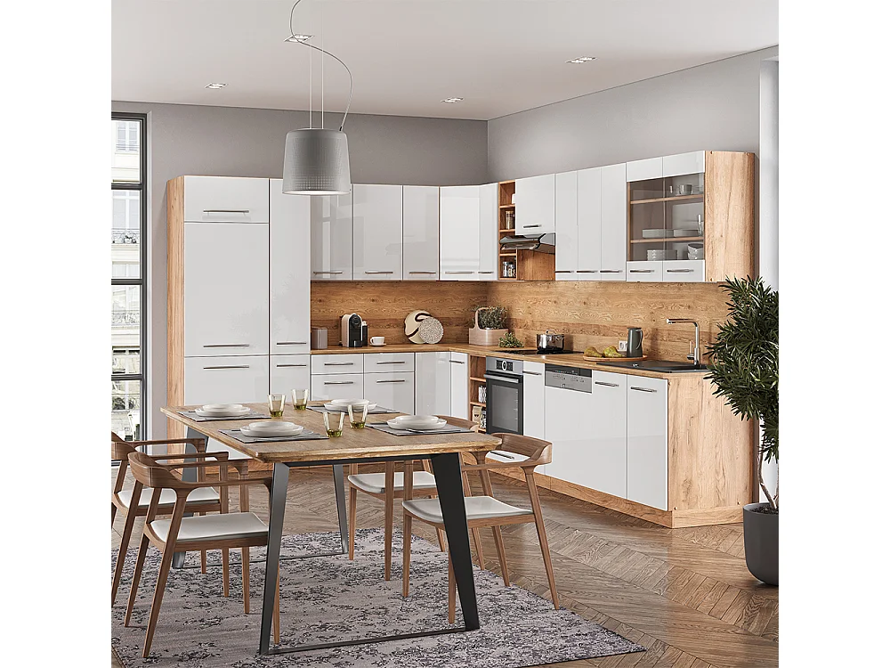 Cocina esquinera blanco brillo intenso/roble dorado 347x60x81.6 fame-line