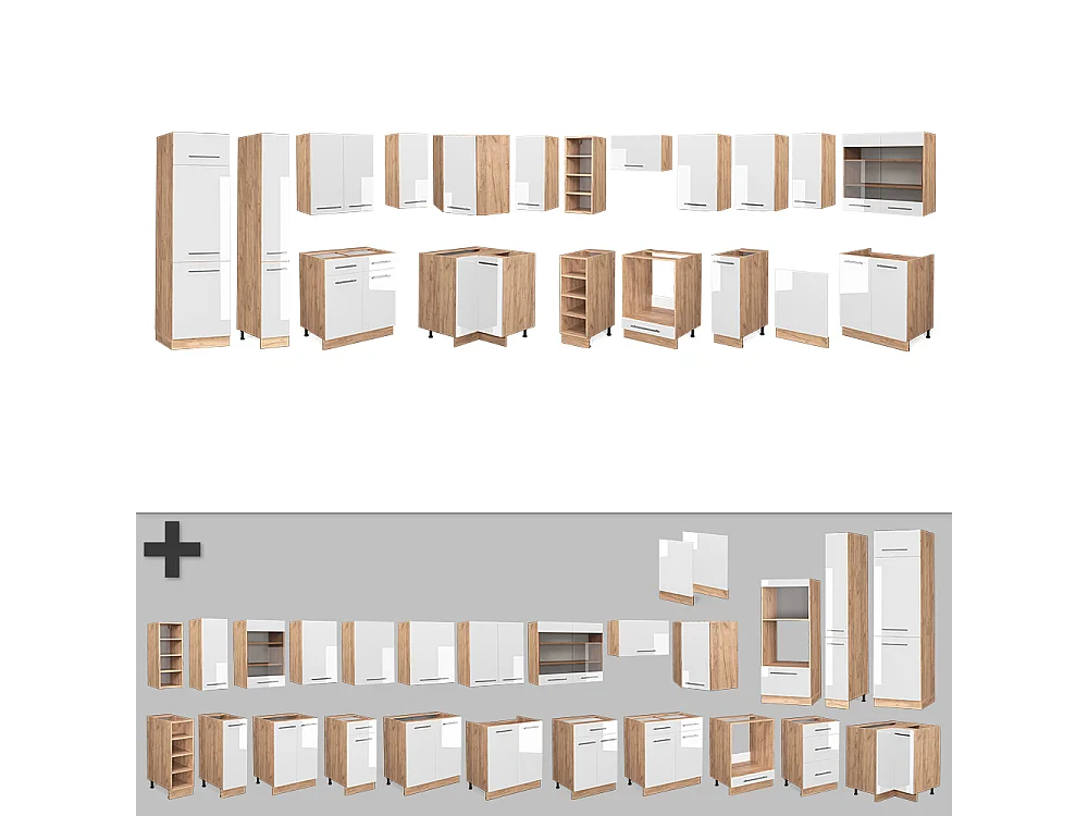 Cocina esquinera blanco brillo intenso/roble dorado 347x60x81.6 fame-line