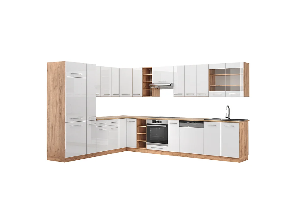 Cuisine en angle blanc brillant/chêne doré 347x60x81.6 fame-line