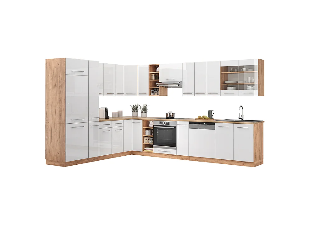 Cuisine en angle blanc brillant/chêne doré 347x60x81.6 fame-line