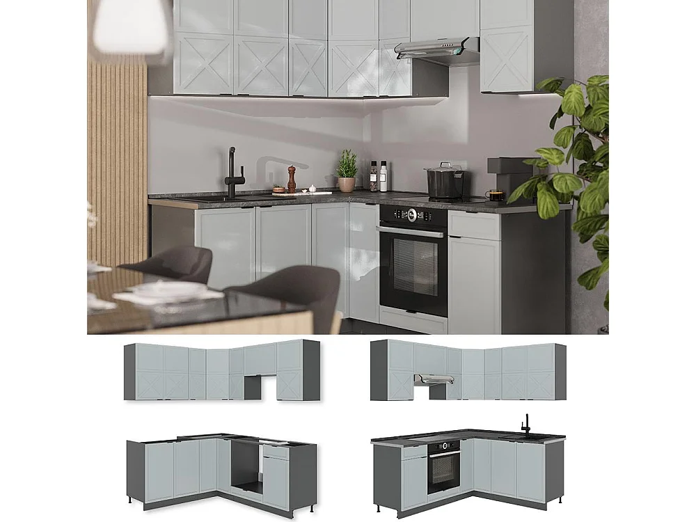 Hoekkeuken licht blauw-grijs/antraciet 190x60x81.6 fame-line