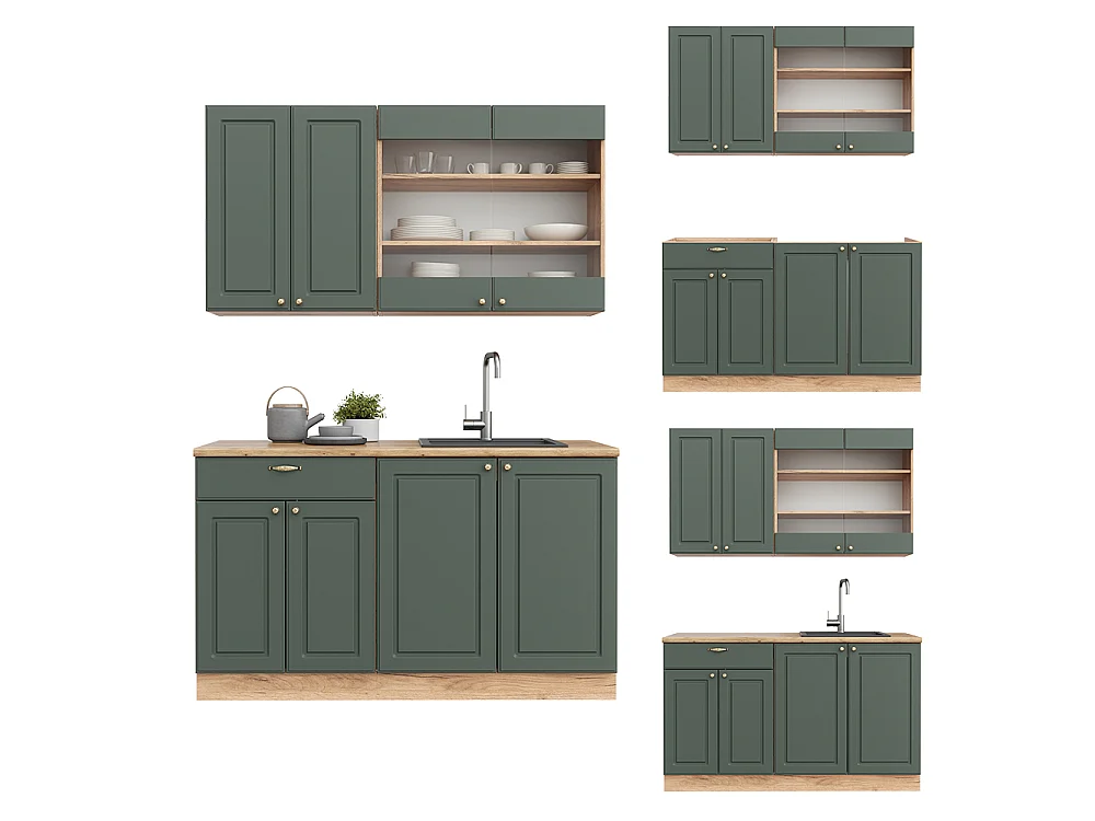 Singlekøkken grøn-guld country/guld power eg 140x60x81.6 fame-line