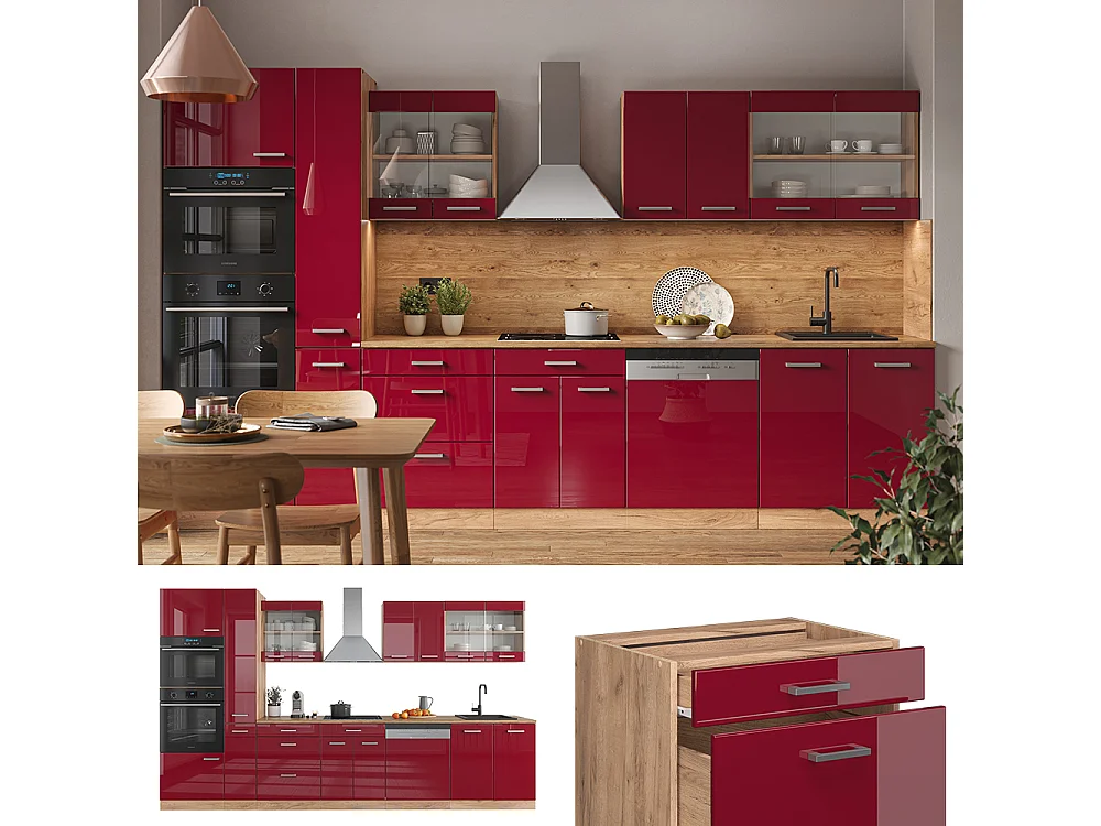 Cucina componibile rosso lucido/rovere dorato 350x46x81.6 r-line