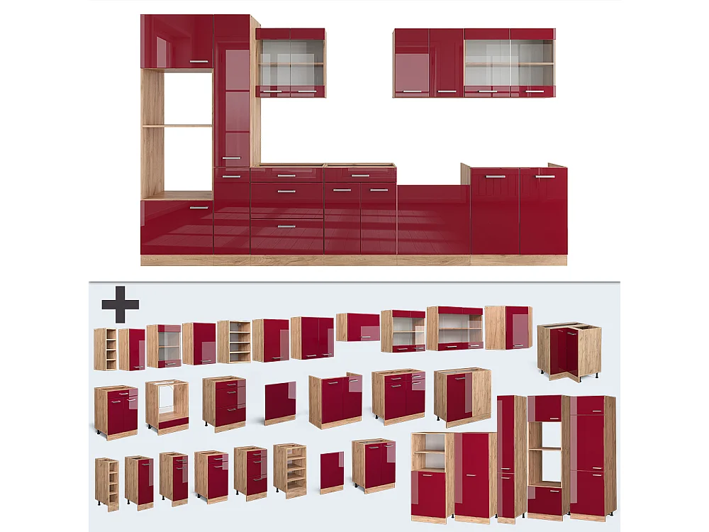 Cuisine rouge brillant/chêne doré 350x46x81.6 r-line