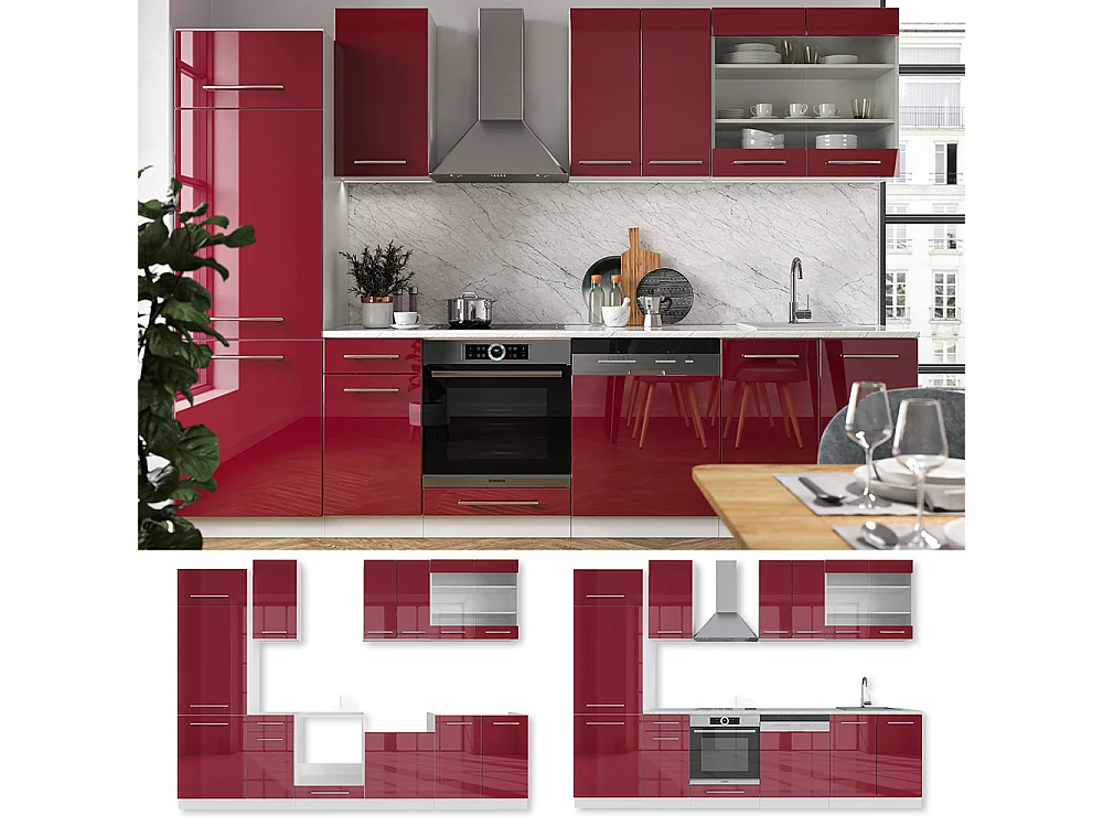 Küchenzeile bordeaux hochglanz/weiß 300x60x81.6 fame-line