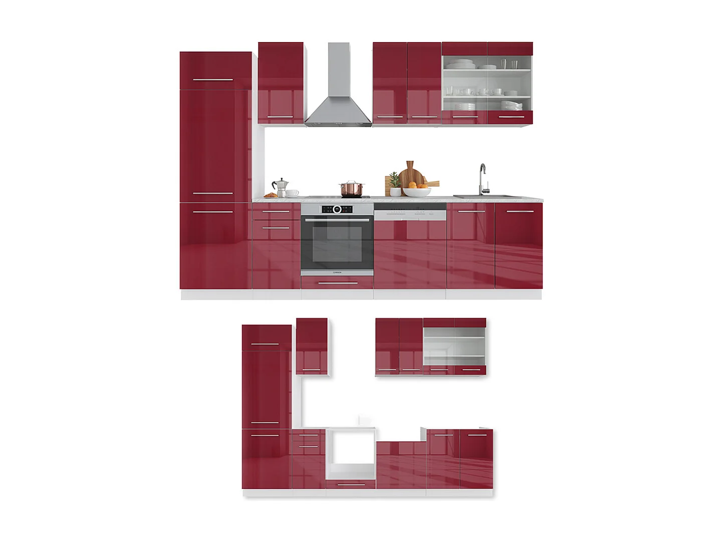 Küchenzeile bordeaux hochglanz/weiß 300x60x81.6 fame-line