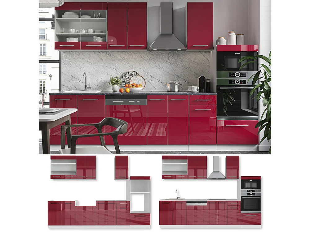 Cucina componibile bordeaux lucido/bianco 300x46x81.6 fame-line