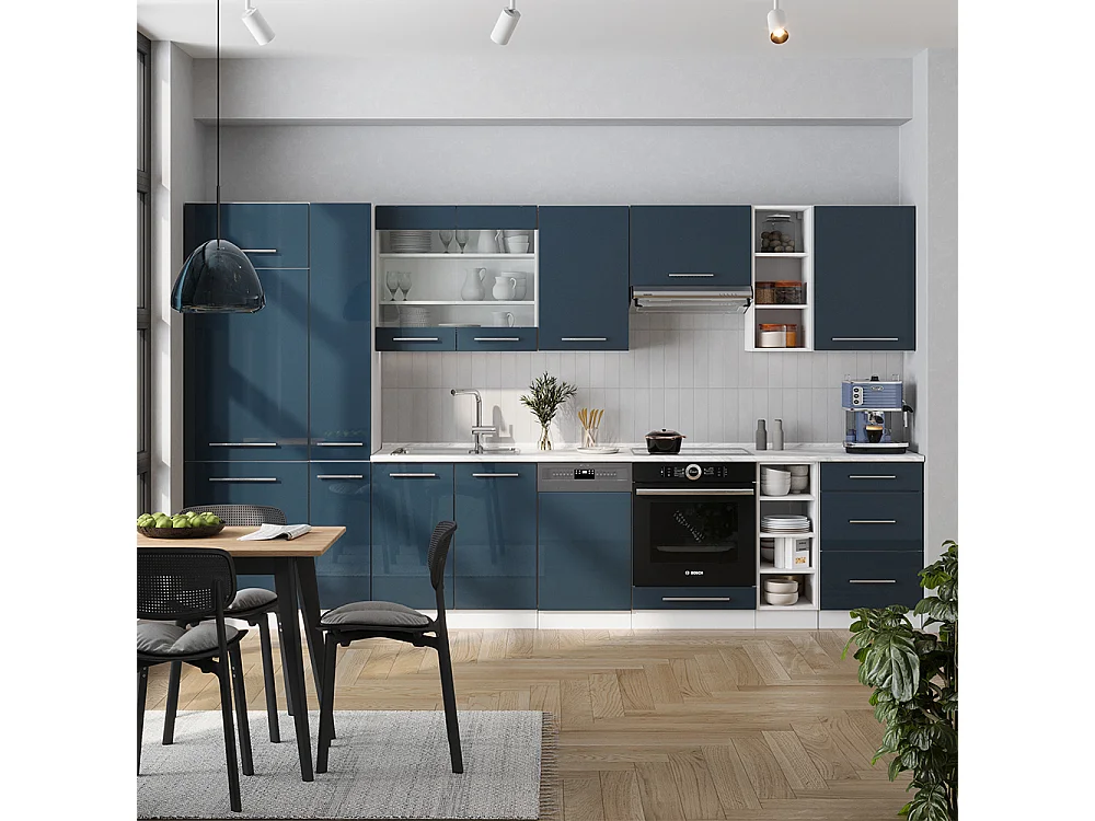 Cuisine bleu foncé brillant/blanc 355x60x81.6 fame-line