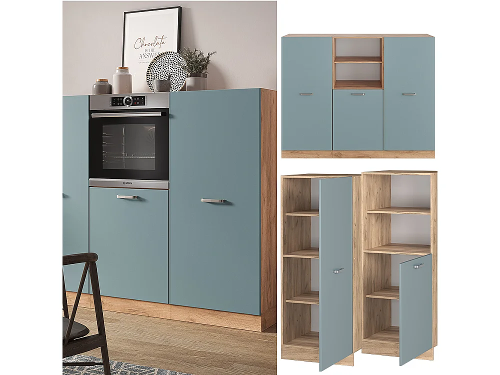 Einbauküche  blau-grau/goldkraft eiche 180x46x81.6 r-line