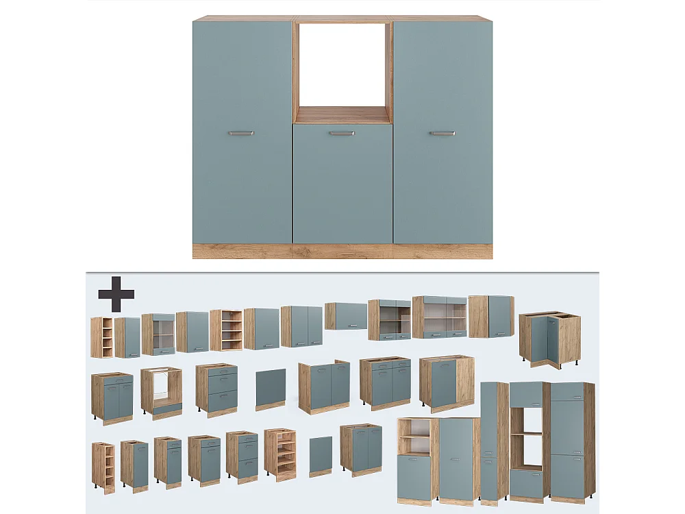 Einbauküche  blau-grau/goldkraft eiche 180x46x81.6 r-line