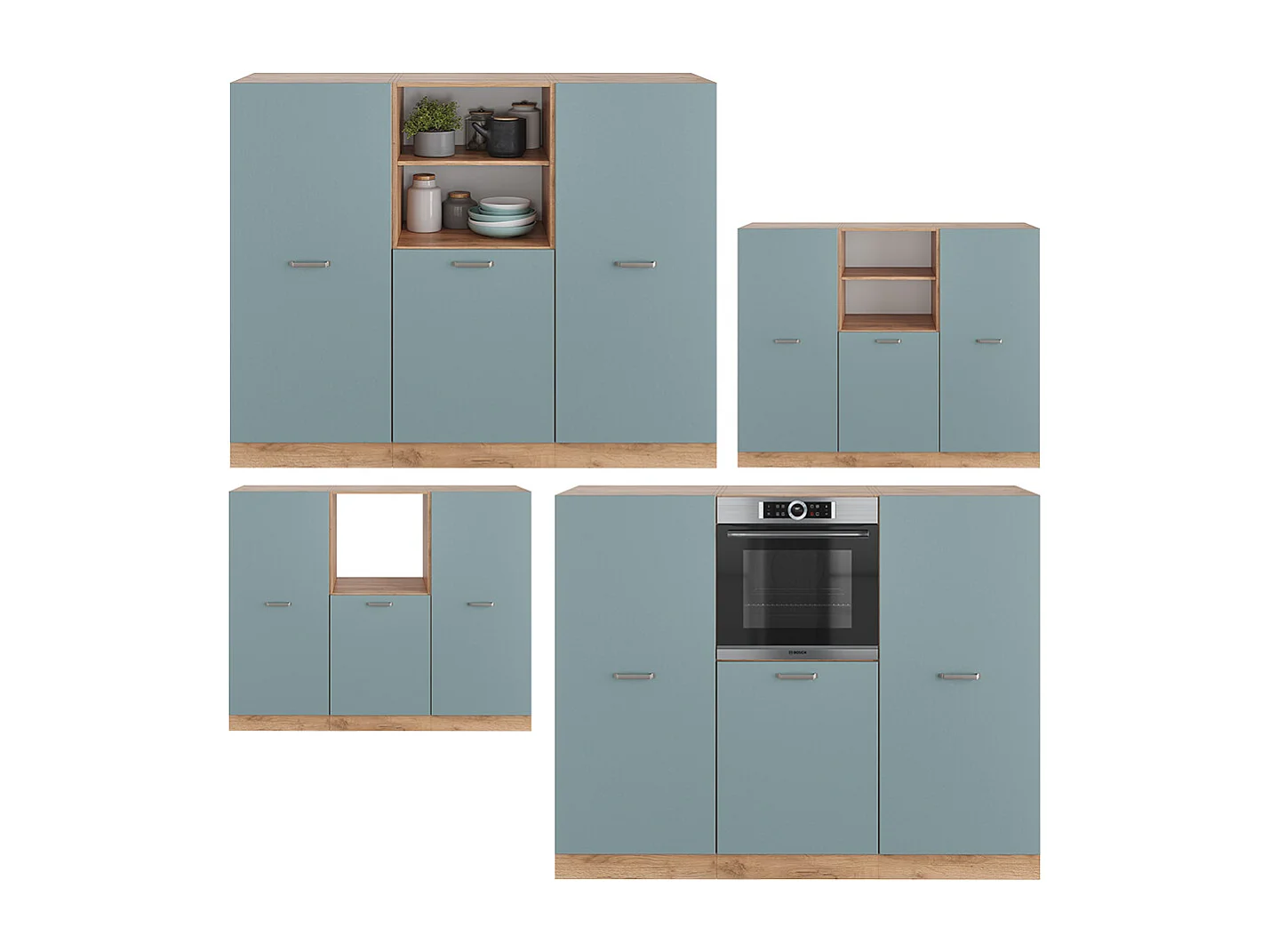 Einbauküche  blau-grau/goldkraft eiche 180x46x81.6 r-line