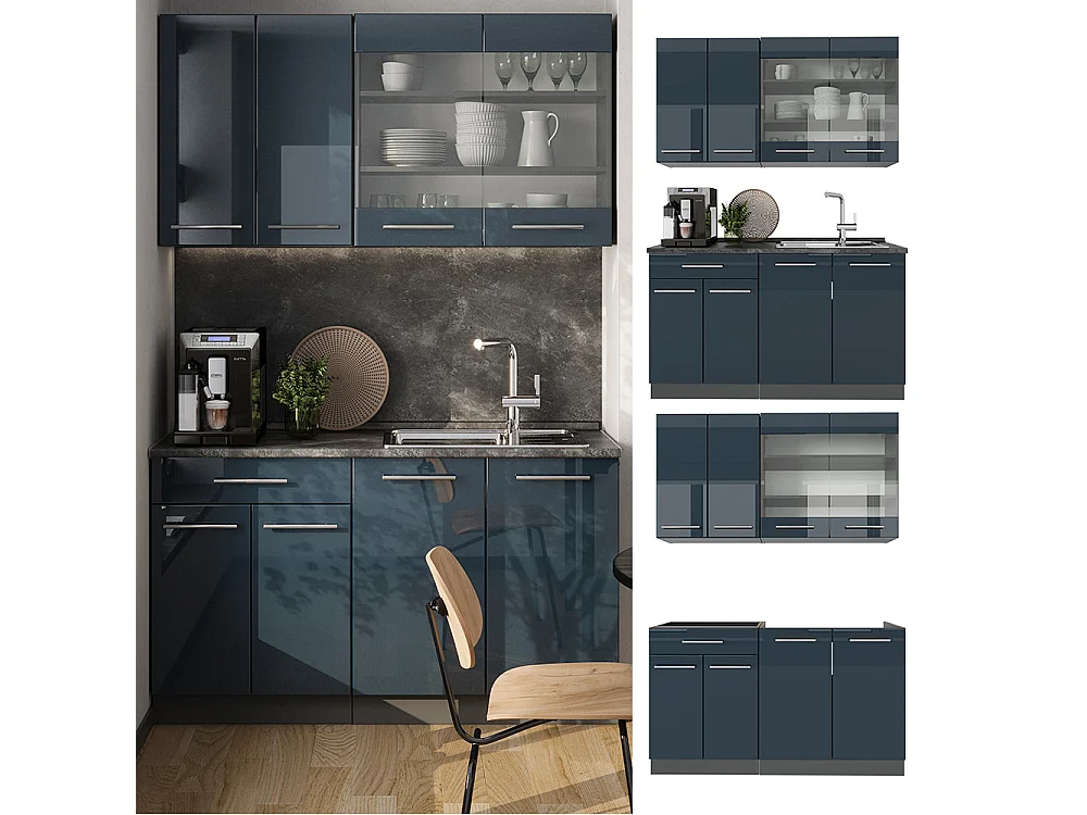 Cocina individual azul oscuro alto brillo/antracita 140x60x81.6 fame-line