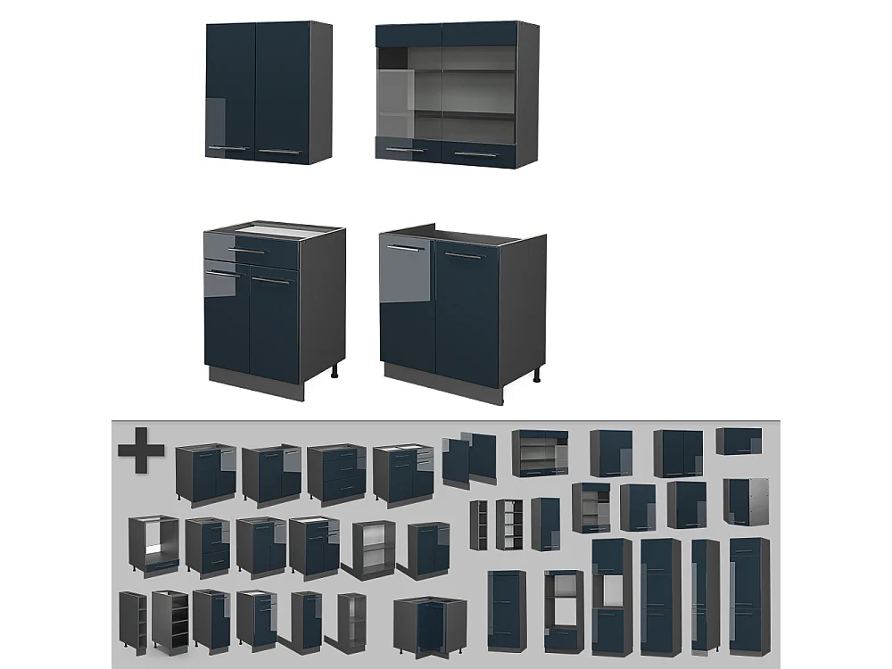 Cocina individual azul oscuro alto brillo/antracita 140x60x81.6 fame-line