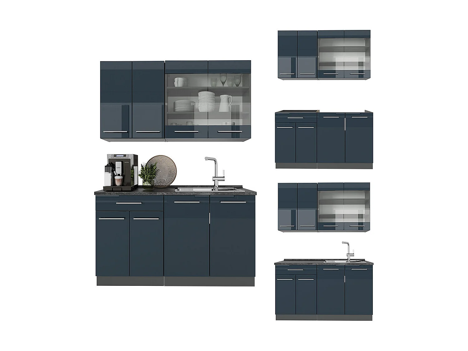 Cuisine pour une personne bleu foncé brillant/anthracite 140x60x81.6 fame-line