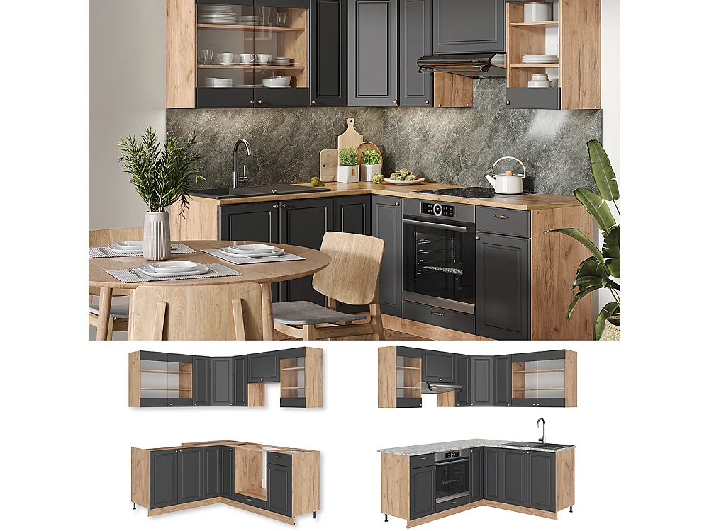 Cucina angolare completa oro-antracite rustico/rovere dorato 190x60x81.6 fame-line
