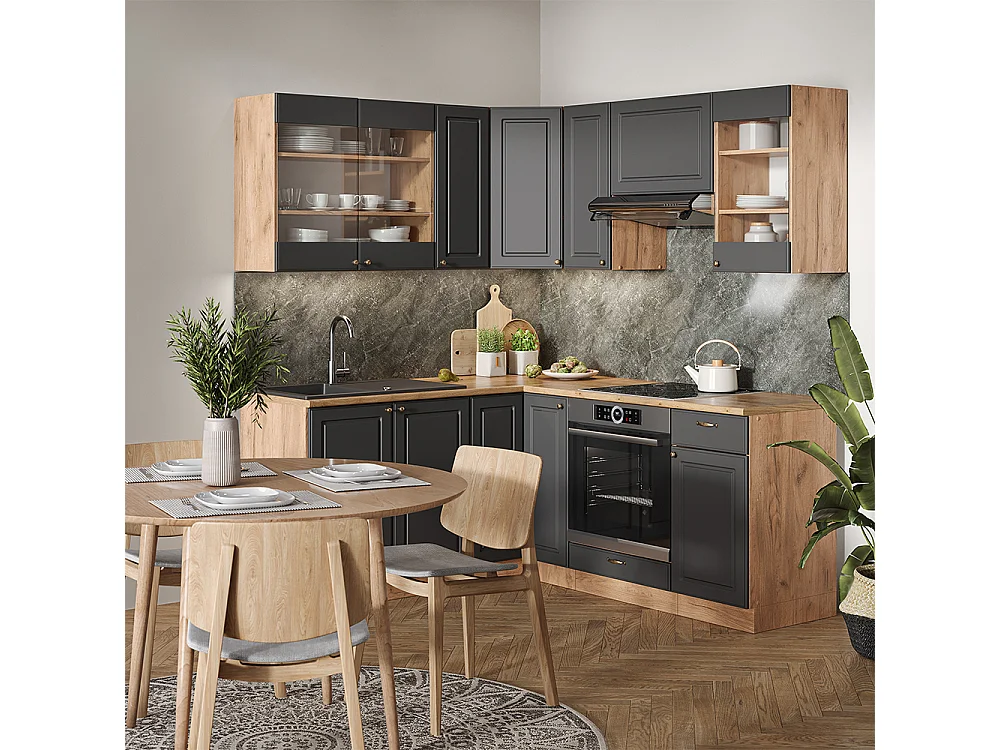 Cucina angolare completa oro-antracite rustico/rovere dorato 190x60x81.6 fame-line