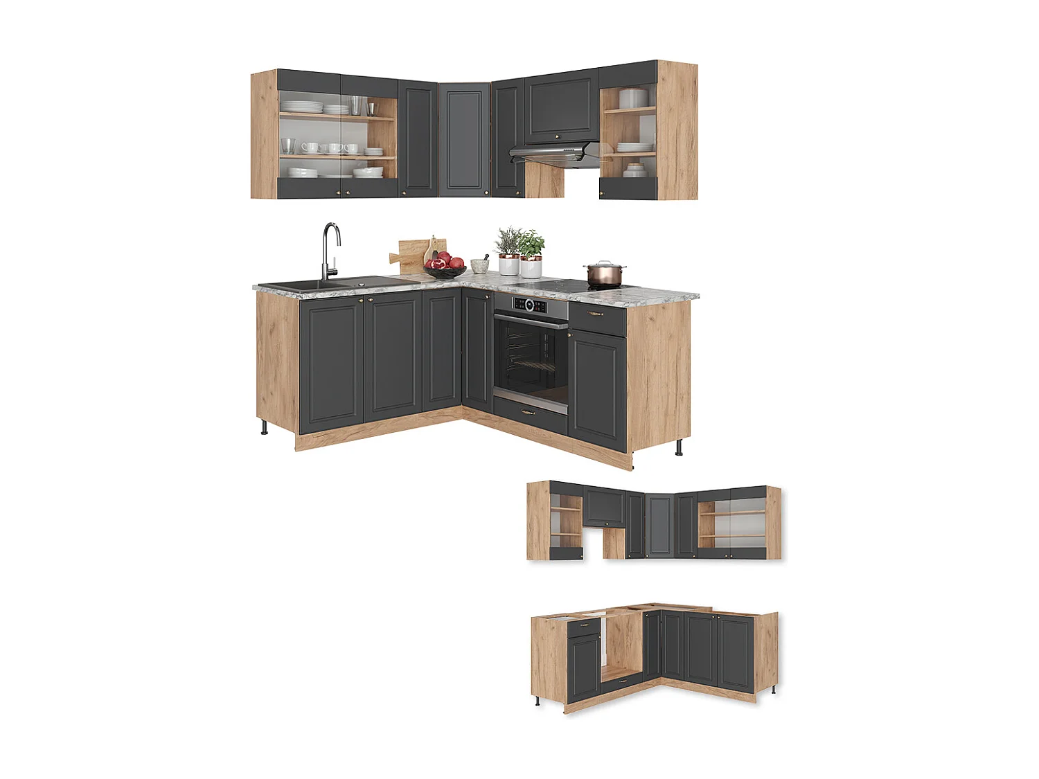 Cucina angolare completa oro-antracite rustico/rovere dorato 190x60x81.6 fame-line