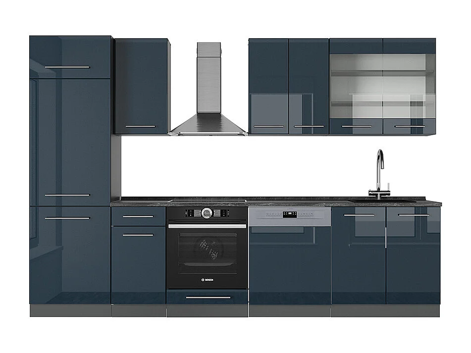 Mueble de cocina azul oscuro alto brillo/antracita 300x60x81.6 fame-line