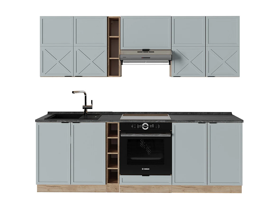 Køkkenrække lys blågrå/gylden eg 235x60x81.6 fame-line