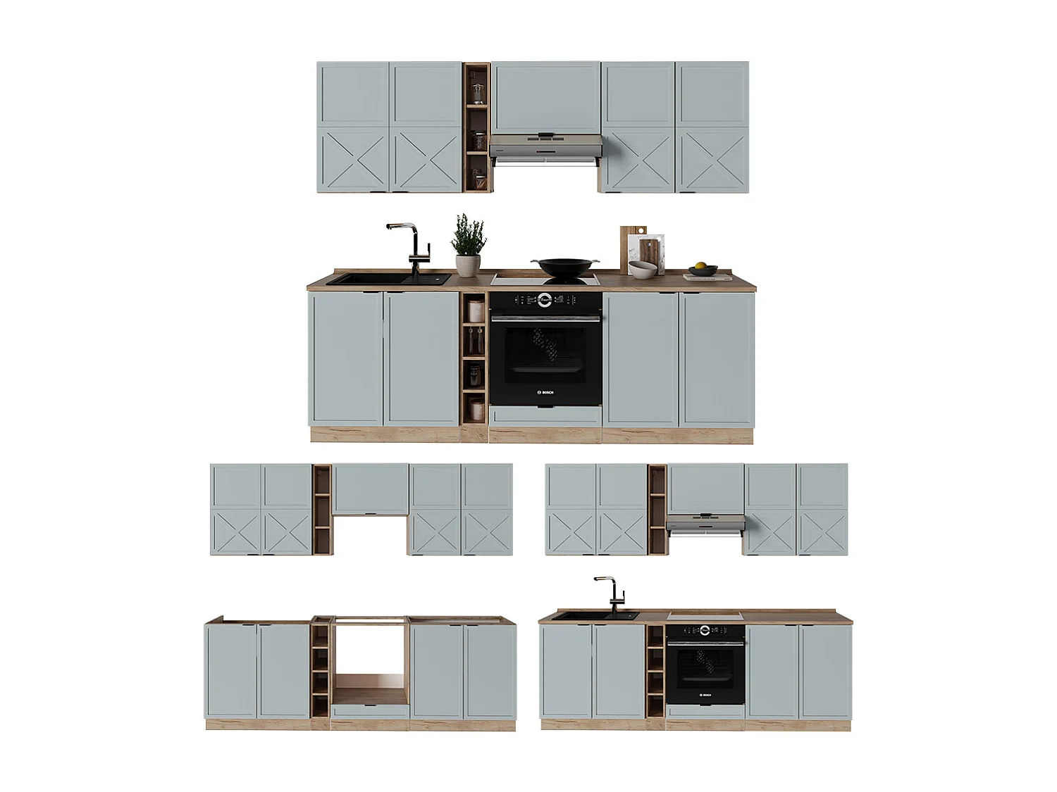 Køkkenrække lys blågrå/gylden eg 235x60x81.6 fame-line