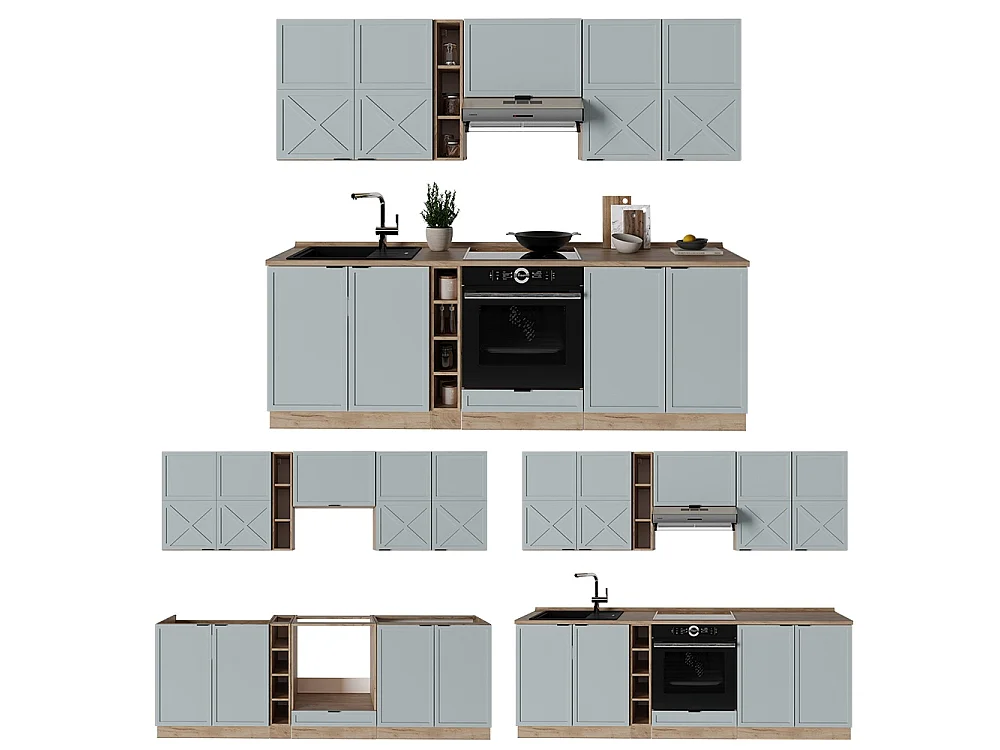 Mueble de cocina roble azul claro/gris dorado 235x60x81.6 fame-line