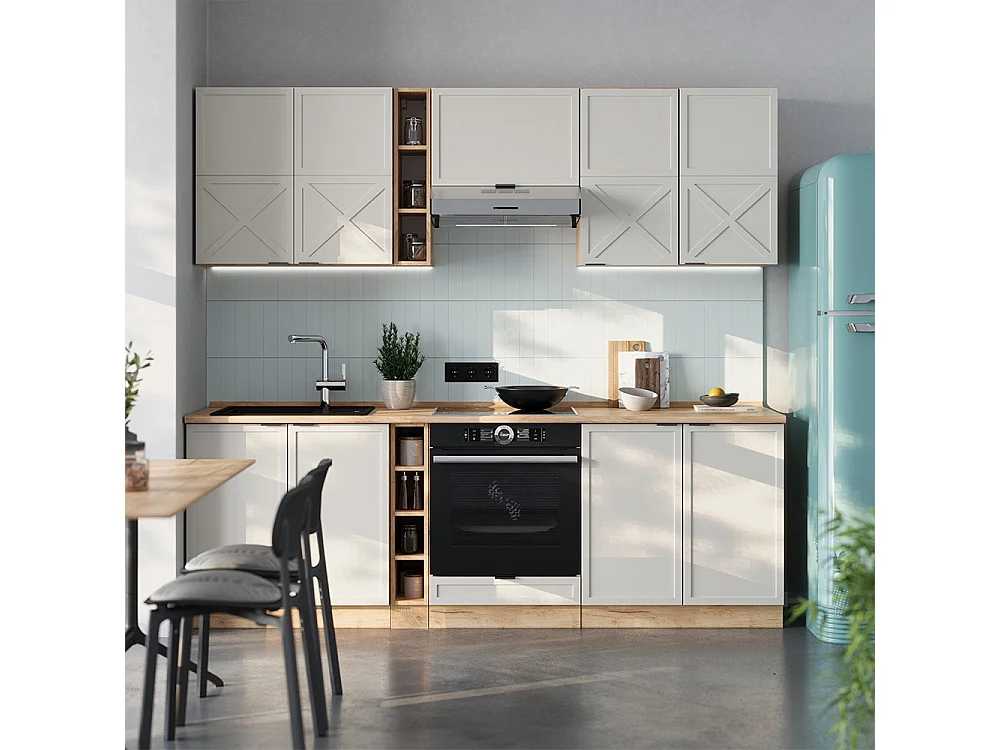 Mueble de cocina gris/beige/roble dorado 235x60x81.6 fame-line
