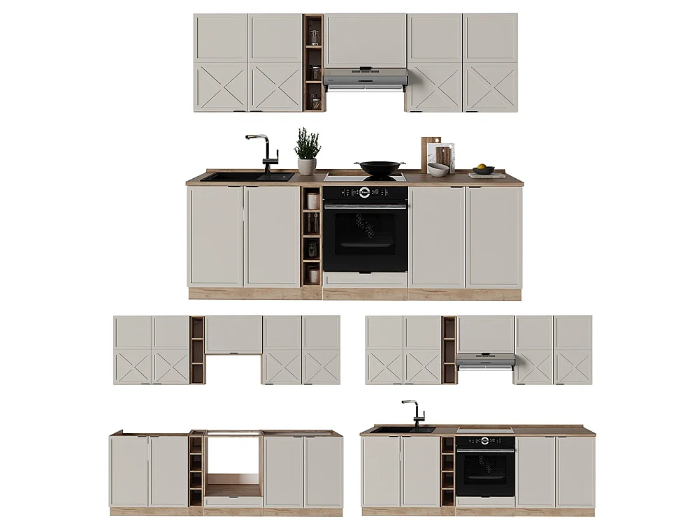 Mueble de cocina gris/beige/roble dorado 235x60x81.6 fame-line