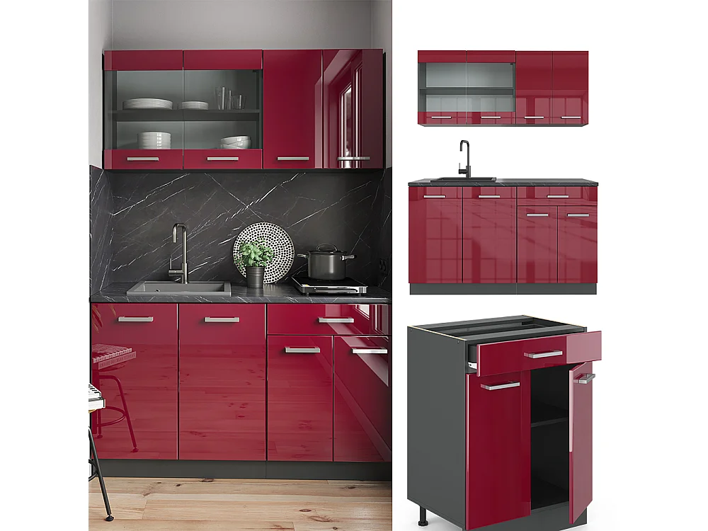 Cuisine rouge brillant/anthracite 140x60x81.6 r-line