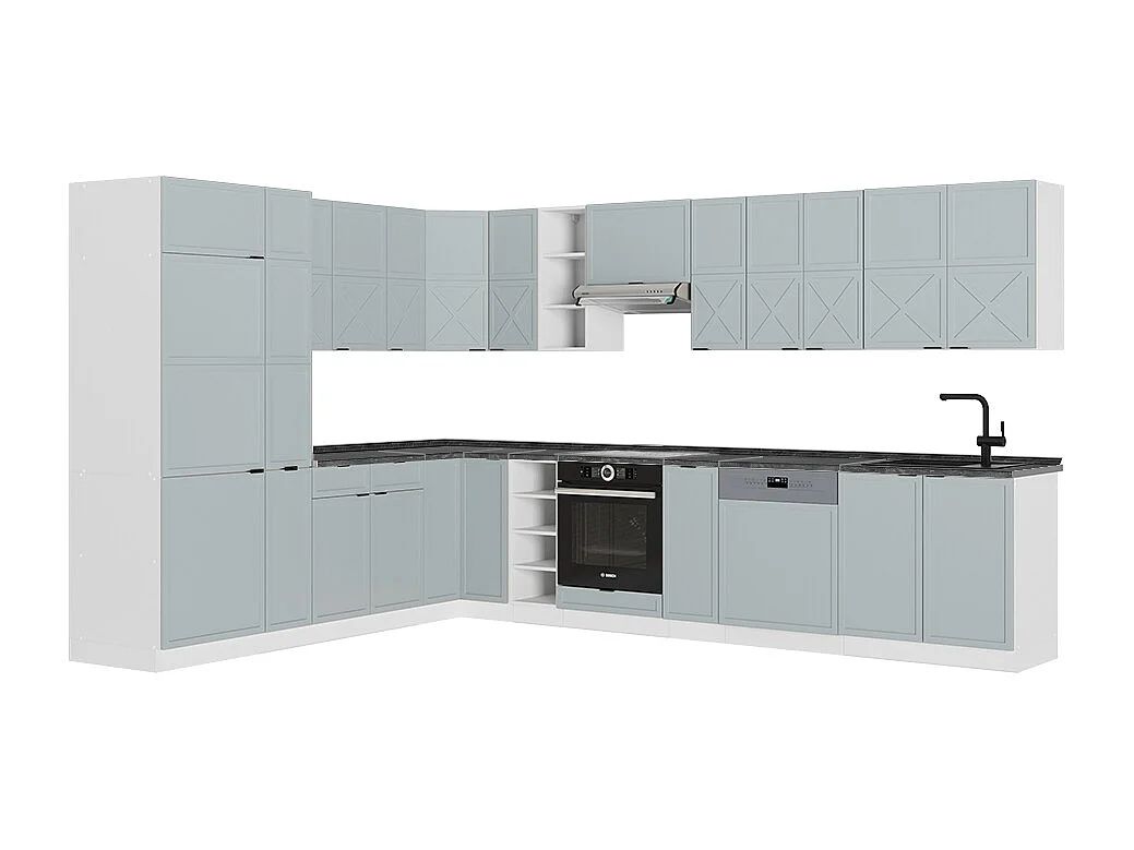 Cuisine en angle bleu clair-gris/blanc 347x60x81.6 fame-line