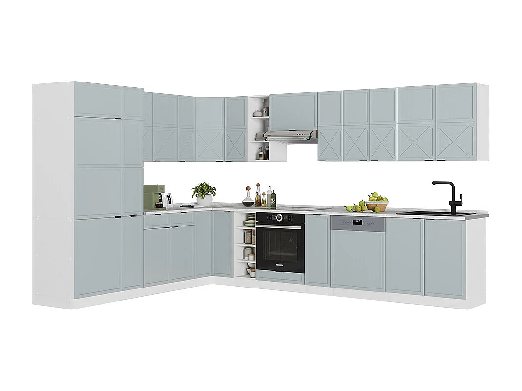 Cuisine en angle bleu clair-gris/blanc 347x60x81.6 fame-line