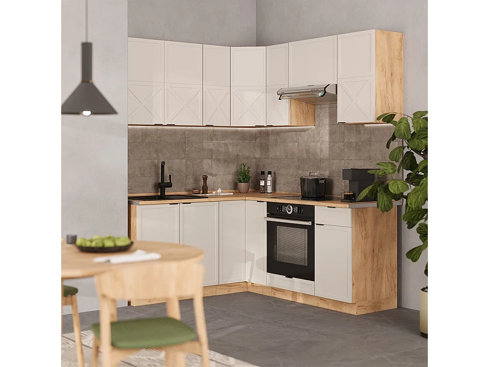 Hjørnekøkken gråbeige/gylden eg 190x60x81.6 fame-line
