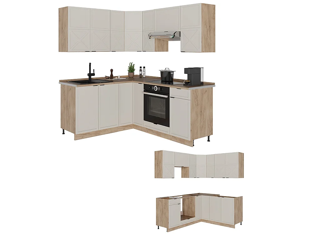 Hjørnekøkken gråbeige/gylden eg 190x60x81.6 fame-line