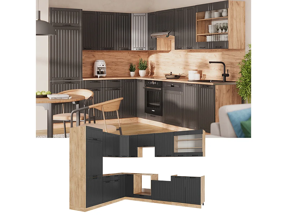 Cuisine en angle gris foncé/chêne de force doré 287x46x81.6 fame-line