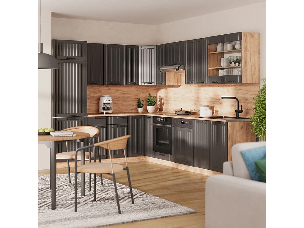 Cuisine en angle gris foncé/chêne de force doré 287x46x81.6 fame-line