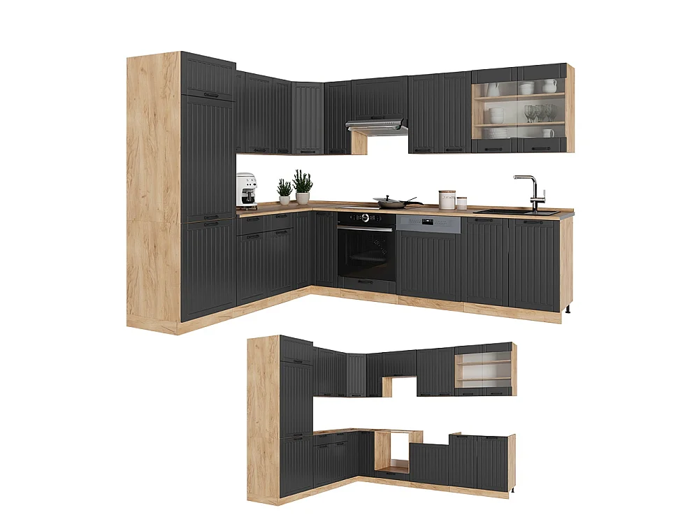 Cuisine en angle gris foncé/chêne de force doré 287x46x81.6 fame-line